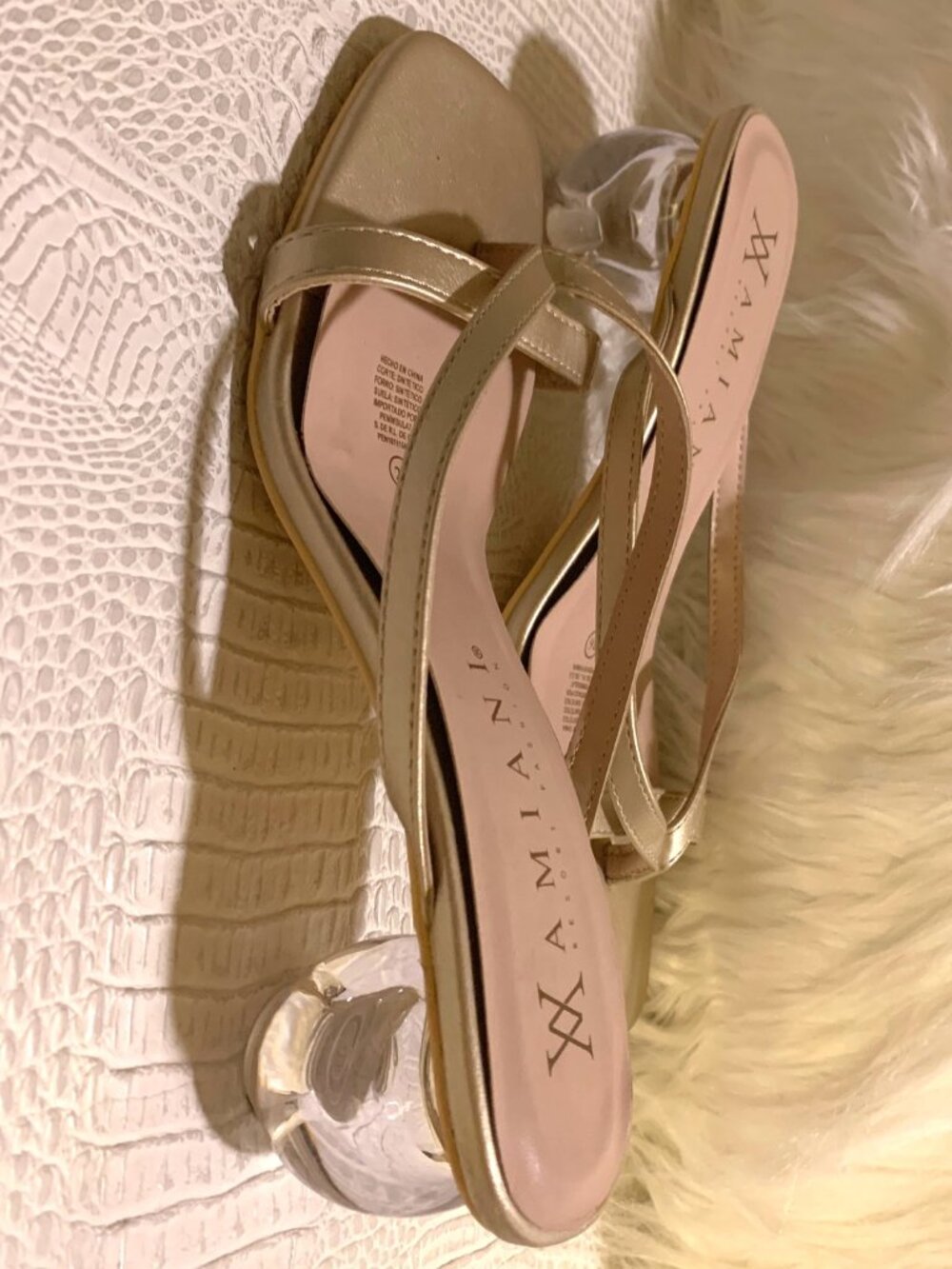 Xamiani Resort Fashion Gold Strappy Mules Lucite Sphere Heel Sandals Size 9